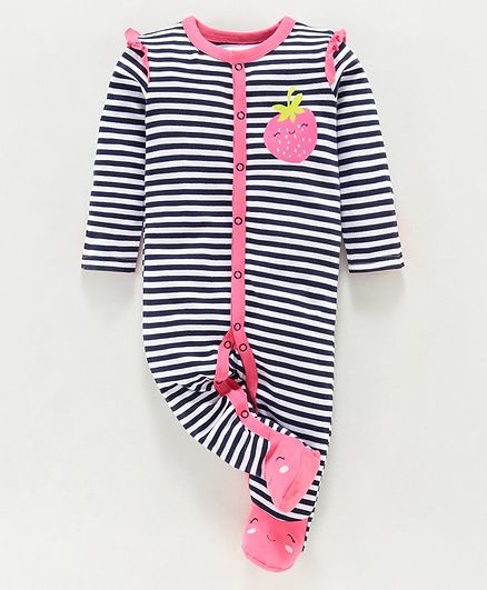 Babyoye Full Sleeves Cotton Footed Striped Sleepsuit - Navy Pink