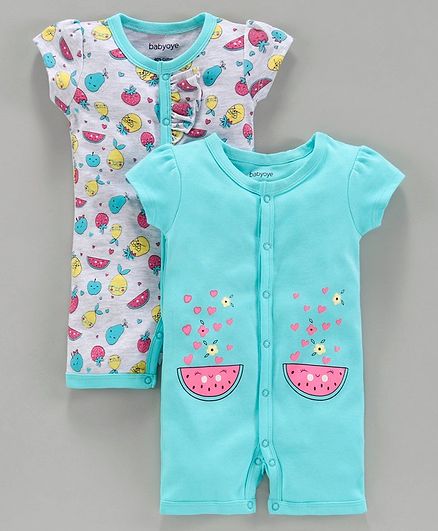 Babyoye Half Sleeves Romper Fruit Print Pack of 2 - Grey Blue