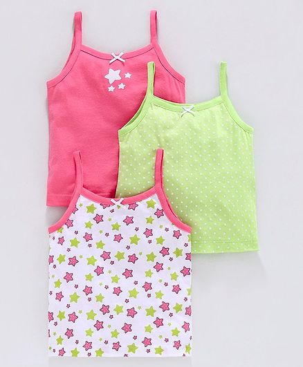 Babyoye Cotton Singlet Sleeves Slip Star Print Pack of 3 - Pink Green