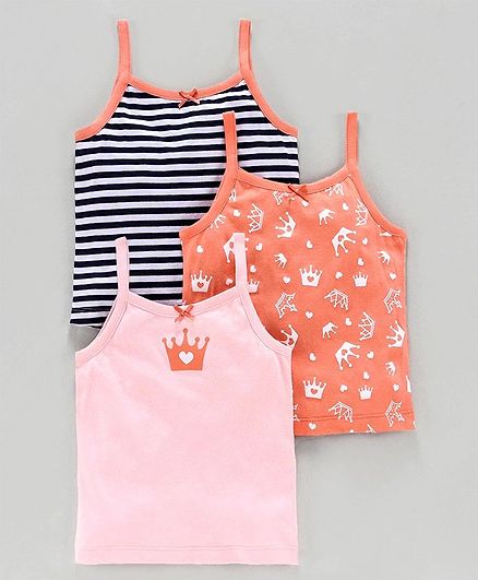 Babyoye Singlet Cotton Camisoles Printed & Striped Pack of 3 - Coral Pink Black