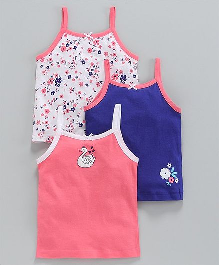 Babyoye Singlet Cotton Printed Camisoles Pack of 3 - Coral White Blue