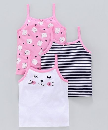 Babyoye Cotton Slips Kitty Print Pack of 3 - White Pink