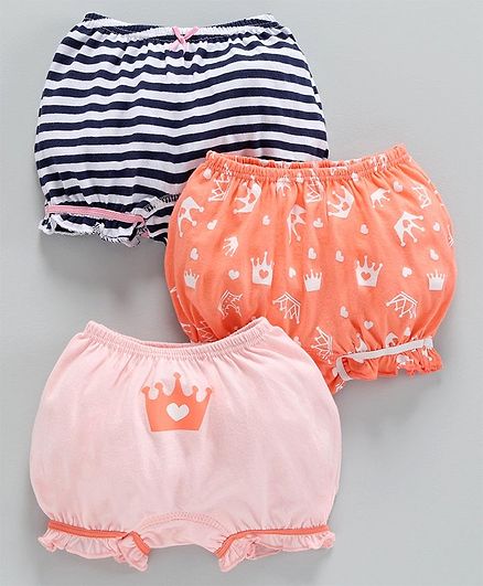 Babyoye Cotton Bloomers Printed & Striped Pack of 3 - Coral Pink Black