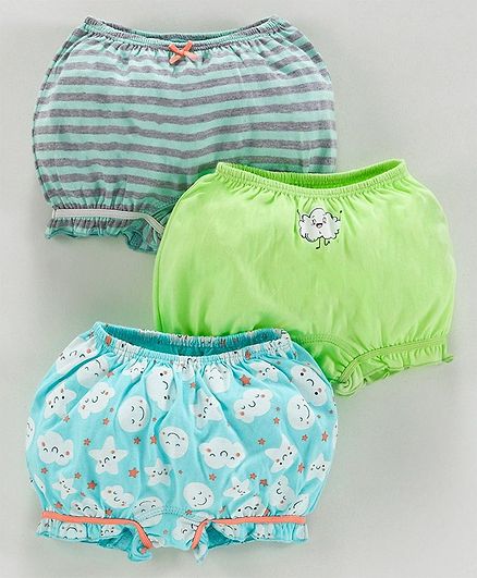 Babyoye Cotton Printed and Striped Bloomers Pack of 3 - Green Blue