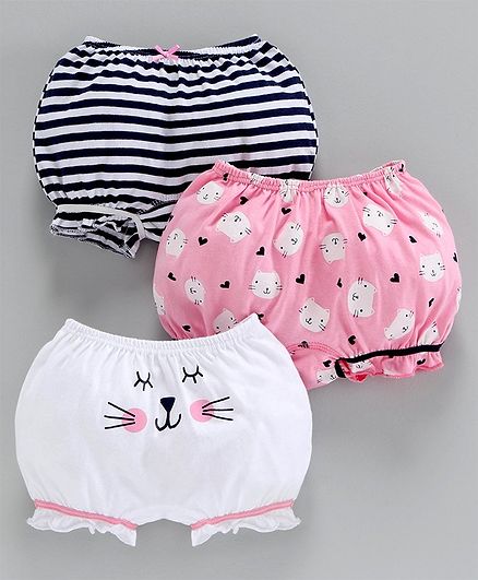 Babyoye Cotton Bloomers Kitty Print Pack of 3 - White Pink Navy Blue