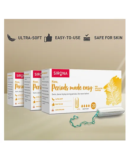 Sirona FDA Approved Non Applicator Tampons for Heavy Flow, Pack of 3 - 20 Pieces Each