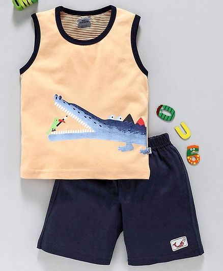 Mini Taurus Sleeveless T-Shirt & Shorts Crocodile Print - Peach Navy