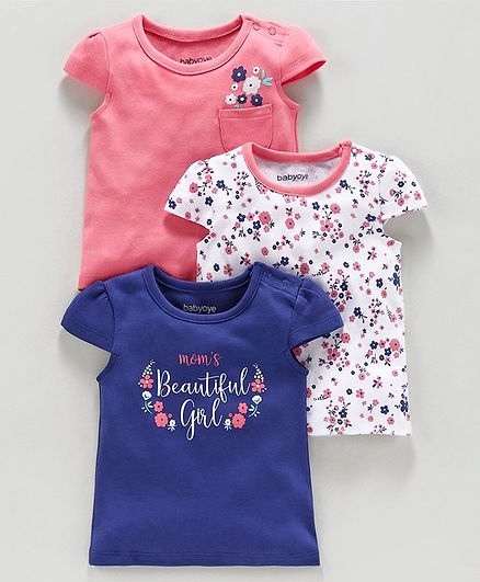 Babyoye Cap Sleeves Top Floral Print Pack of 3 - Pink Indigo White