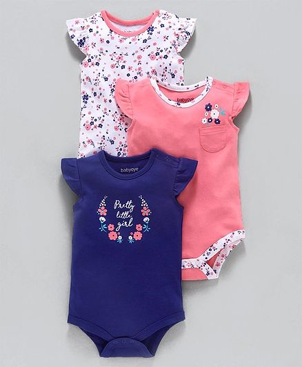 Babyoye Cotton Flutter Sleeves Onesie Floral Print Pack of 3 - White Pink Blue