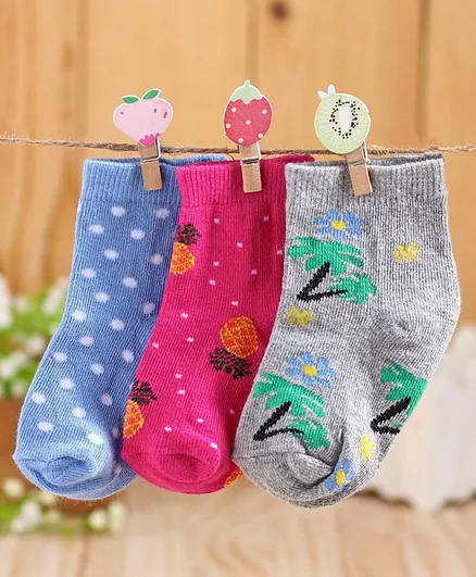 Cute Walk by Babyhug Antibacterial Ankle Length Socks Multi Print Set of 3 - Blue Grey Pink