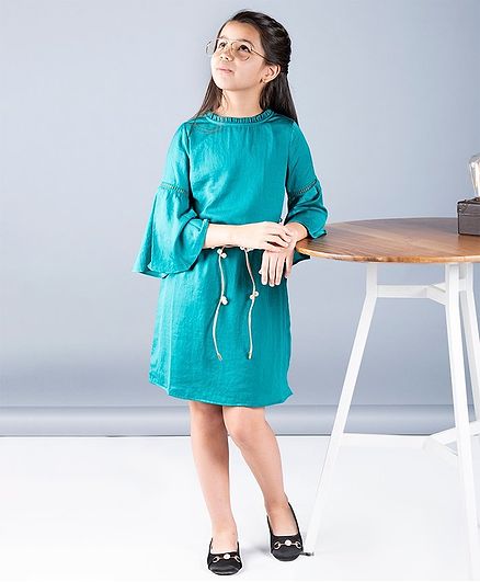 One Friday Solid Full Sleeves Dress With Belt - Green