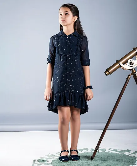 One Friday Three Fourth Sleeves Ruffle Detail Moon Print Dress - Navy Blue