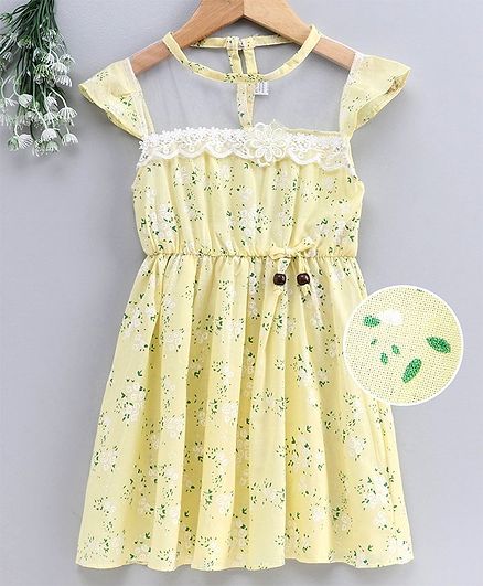 Kookie Kids Cap Sleeves Frock Floral Print - Yellow