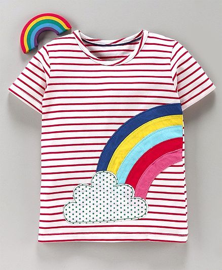 Kookie Kids Half Sleeves Striped Tee Sequin Rainbow Patch - Pink