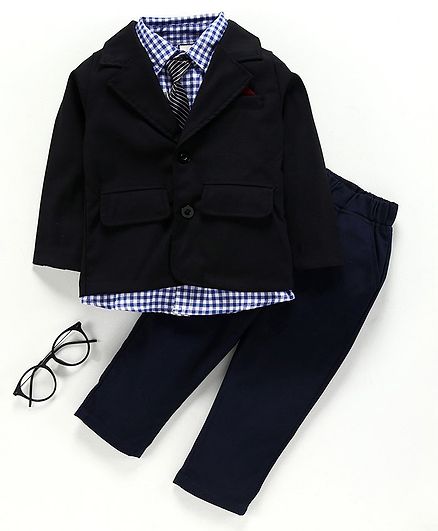 Kookie Kids 3 Piece Full Sleeves Party Suit with Tie - Black Blue