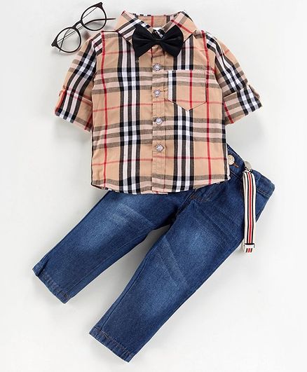 Kookie Kids Full Sleeves Checked Shirt with Trousers & Suspenders - Brown Blue