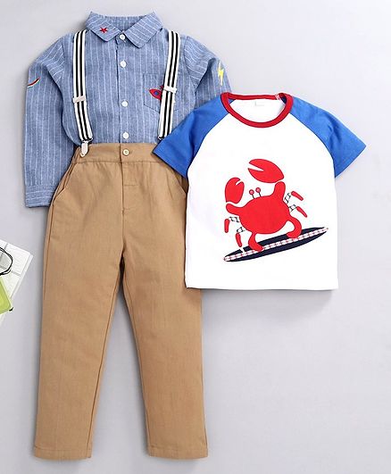 Kookie Kids Full Sleeves Striped Shirt with Trousers & Tee Crab Print - Blue Brown