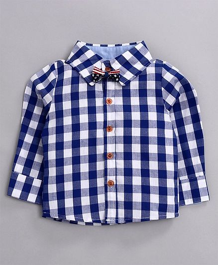 Kookie Kids Full Sleeves Checked Shirt with Bow - Blue