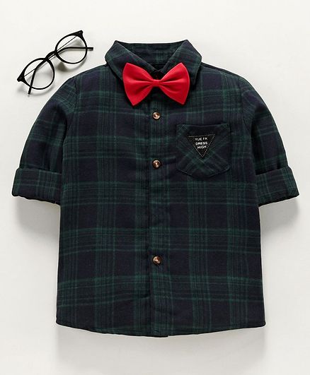 Kookie Kids Full Sleeves Checked Shirt with Bow - Dark Blue Green