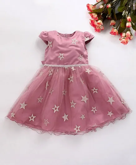 Kookie Kids Cap Sleeves Party Frock Star Embroidered - Purple