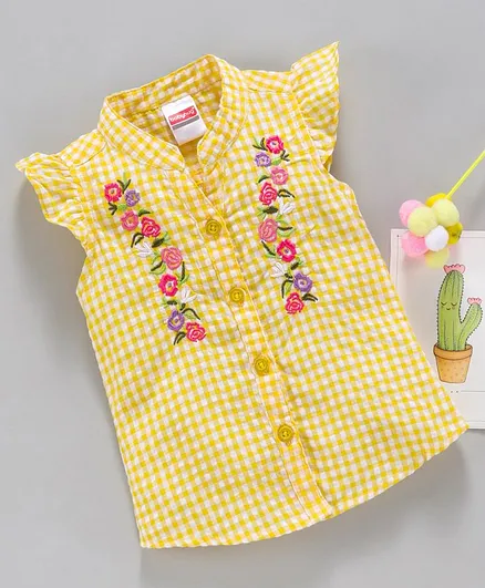 Babyhug Flutter Sleeves Checked Top Floral Embroidery - Yellow