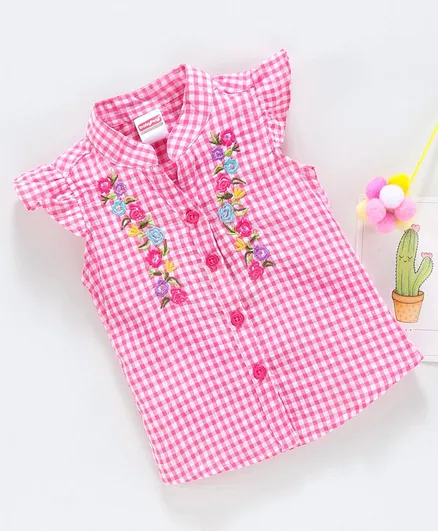 Babyhug Flutter Sleeves Checked Top Floral Embroidery - Pink