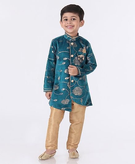 Dapper Dudes Floral Print Full Sleeves Kurta With Pyjama - Blue