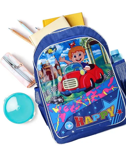School Bag Car Print Blue - 15 Inches