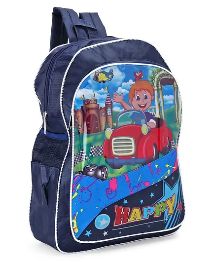 School Bag Car Print Navy - 15 Inches