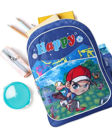 School Bag Happy Print Blue - 15 Inches
