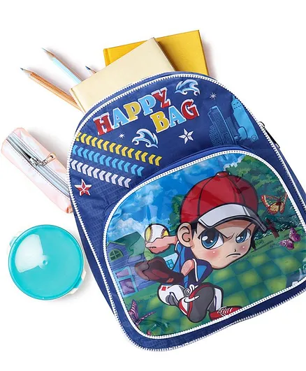 School Bag Happy Print Blue - 12 Inches