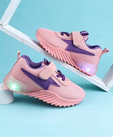 KIDLINGSS Thunderbolt Patch Detailed Velcro Closure LED Shoes - Pink