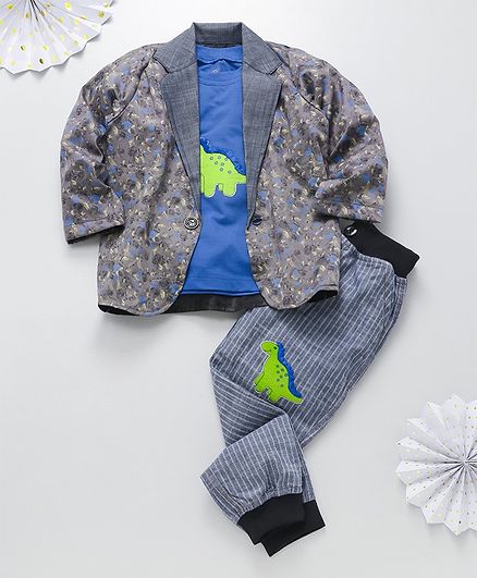 Knotty Kids Dinosaur Patch T-Shirt With Full Sleeves Jacket & Pants - Grey
