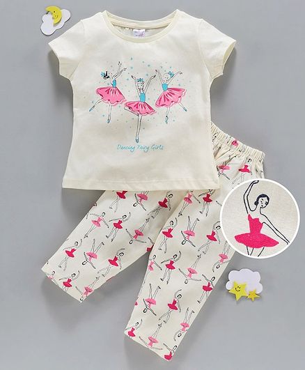 Smarty 100% Cotton Half Sleeves Night Suit Ballerina Print - Cream