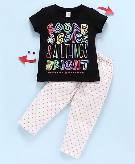 Smarty Half Sleeves Night Suit Text Print - Black White