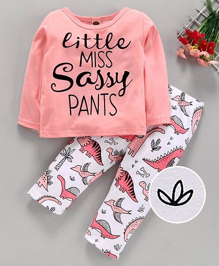 Kookie Kids Full Sleeves Tee with Leggings Text & Dino Print - Pink