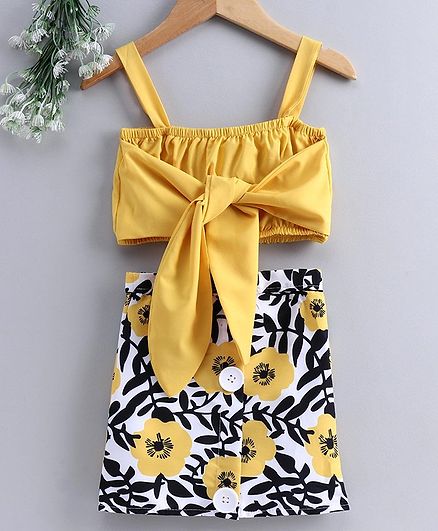 Kookie Kids Sleeveless Top with Skirt Floral Print - Yellow Black