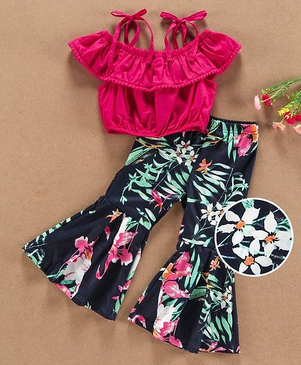 Kookie Kids Cold Shoulder Sleeves Top with Floral Palazzo - Pink Black
