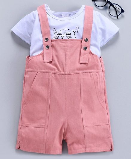 Kookie Kids Solid Dungaree with Inner Tee Kitty Print - Pink