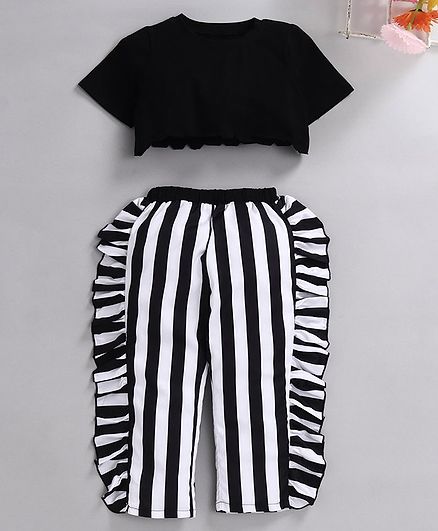 Kookie Kids Short Sleeves Top with Striped Bottom - Black White