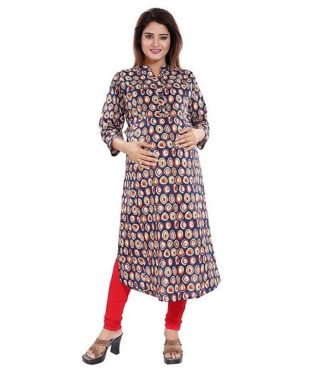 Mamma's Maternity Oval Print Three Fourth Sleeves Maternity Kurti - Blue