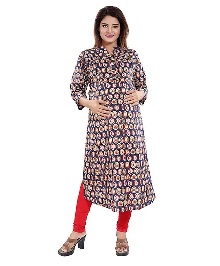 Mamma's Maternity Oval Print Three Fourth Sleeves Maternity Kurti - Blue