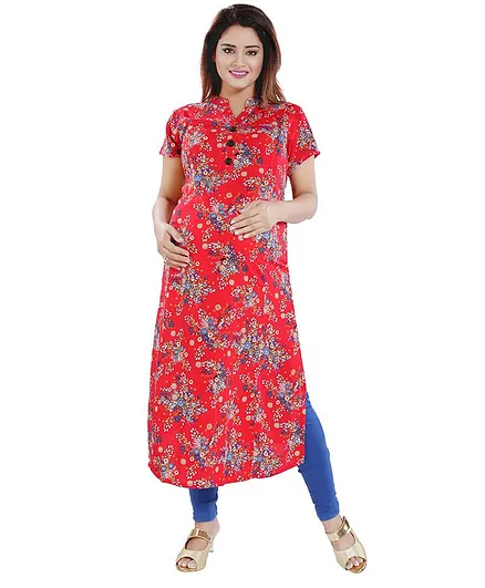 Mamma's Maternity Floral Print Half Sleeves Maternity Kurti - Red