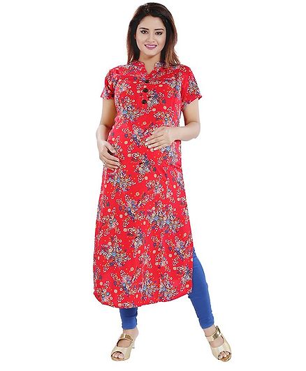 Mamma's Maternity Floral Print Half Sleeves Maternity Kurti - Red