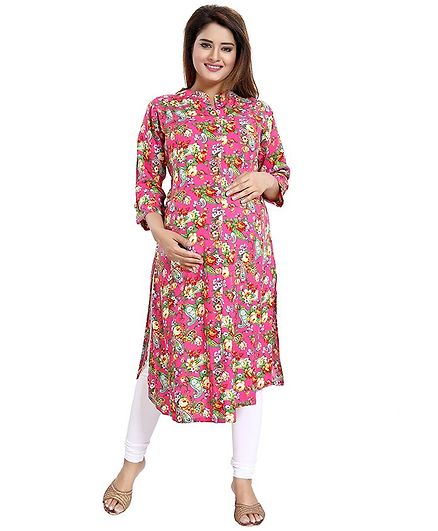 Mamma's Maternity Floral Print Full Sleeves Maternity Kurti - Pink