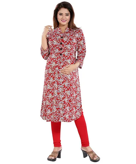 Mamma's Maternity Floral Print Full Sleeves Maternity Kurti - Red
