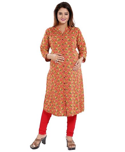 Mamma's Maternity All Over Printed Full Sleeves Maternity Kurti - Peach & Yellow