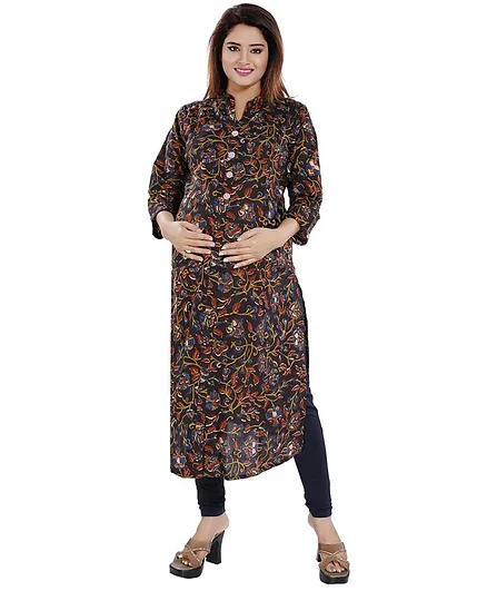 Mamma's Maternity Full Sleeves Flower Printed Nursing Kurta - Black