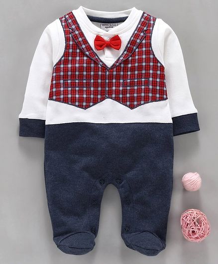 Wonderchild Bow Attached Checked Full Sleeves Footed Romper - White & Blue