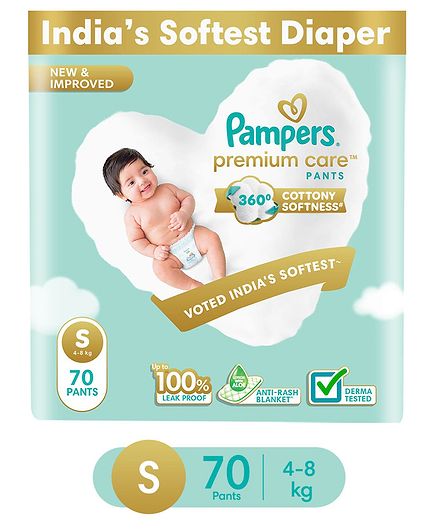 Pampers Premium Care Pants, Small size baby diapers (SM), 70 Count, Softest ever Pampers pants